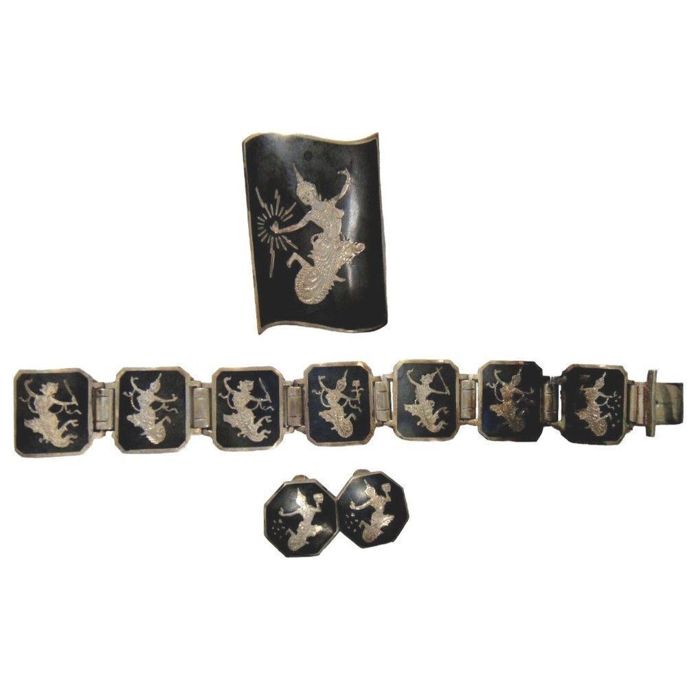 Nielloware Vintage Siam 3 Pc Set Bracelet Earrings Pin Lightening Goddess Signed